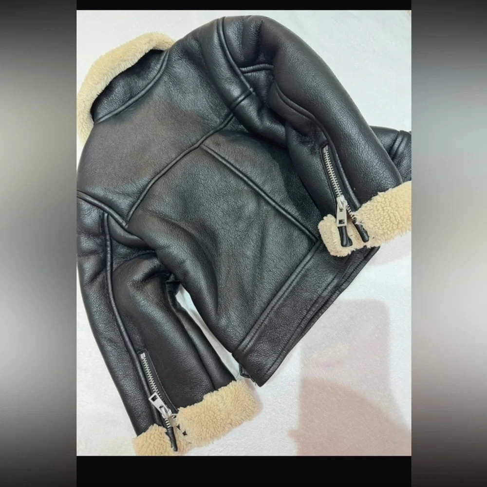 Zara Black Pea Coat with Cream Faux Shearling Trim